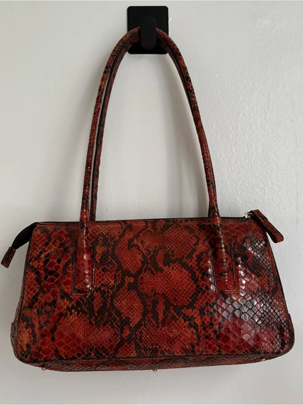 Red Leather Snake-Print Women's Shoulder Bag